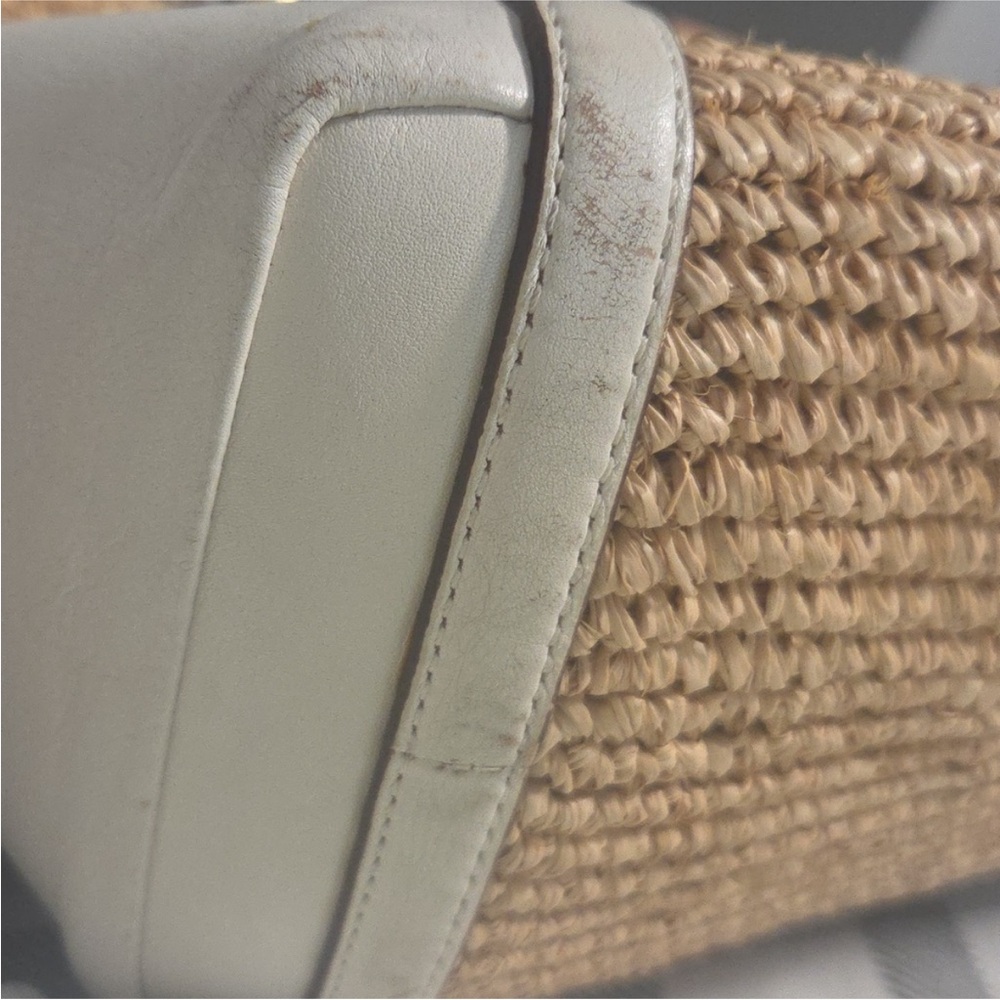 Coach Hampton Leather and Straw Tote with White Trim and Floral Appliqués - Picture 13 of 15